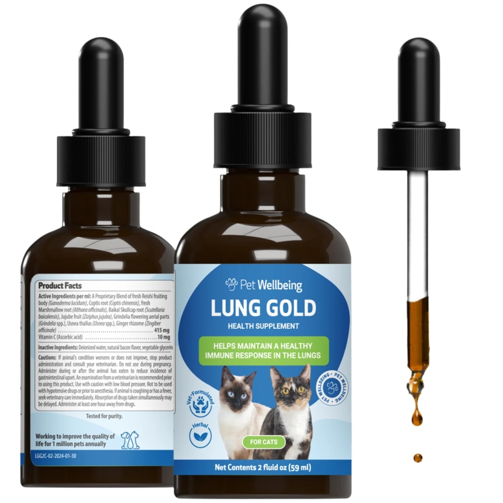 Bem-estar de animais de estimação Ouro Pulmão para Gatos - Suporte Imune Pulmão, Baixa Saúde Respiratória, Airways Abertos, Respiração Normal, Reishi, Coptis - Suplemento de ervas formuladas veterinárias - 2 oz (59 ml)