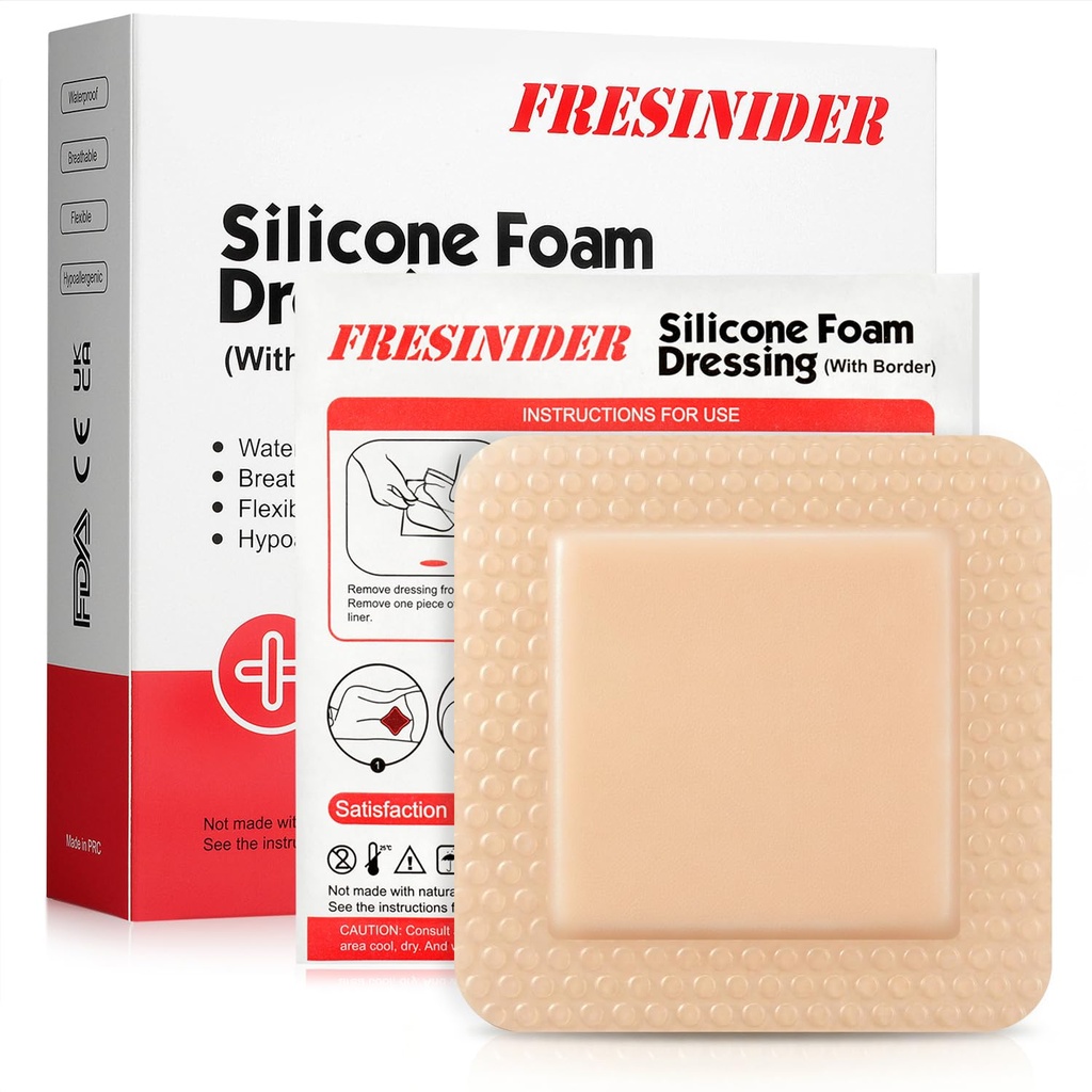 FRESINIDER Vestido de espuma de Silicone com borda adesiva – bandagem de curativo de ferida – almofada de espuma de Silicone – pacote de 10 – 4 x 4 polegadas Bandagens impermeáveis grandes – cuidado e curativos de feridas autoadesivos