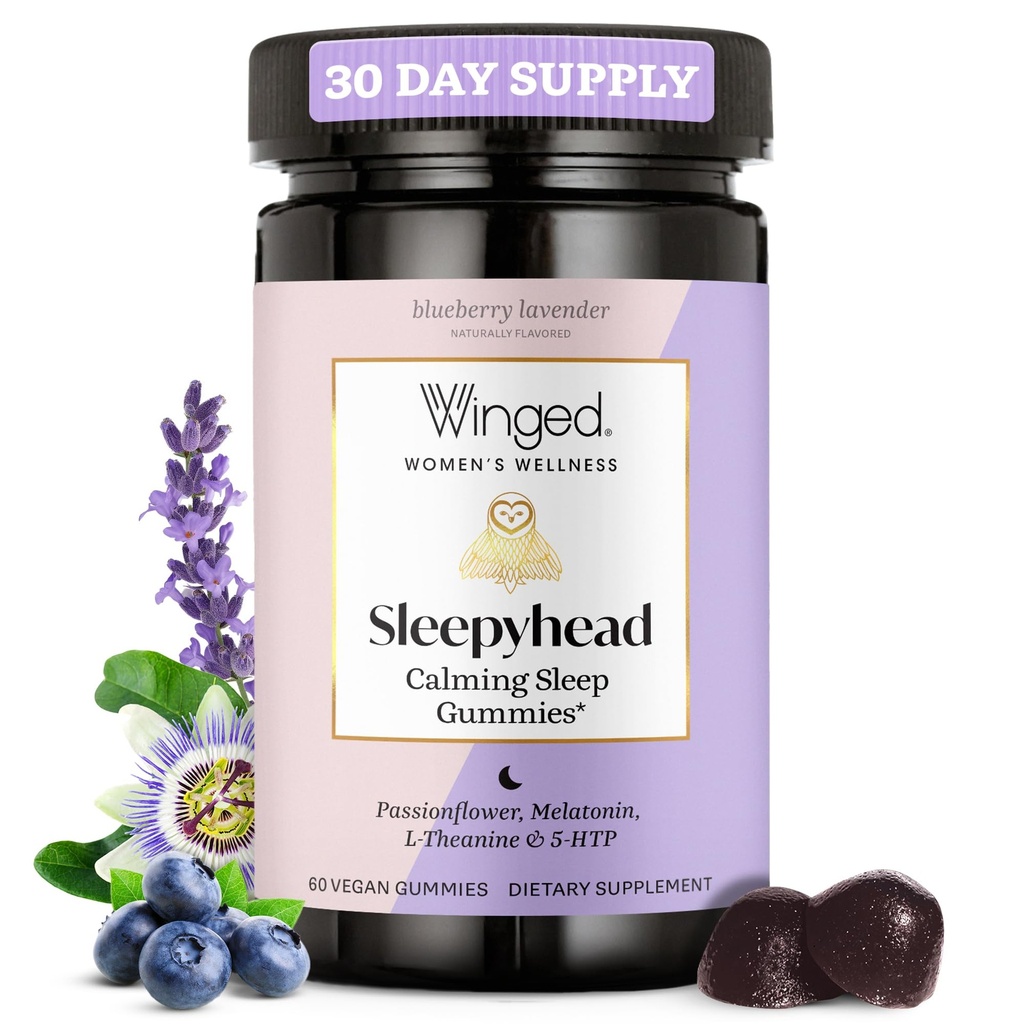 Bem-Estar Alado Gummies Sono Natural Sleepyhead para Mulheres - Prime Sleep Support Aid for Adults with 3mg Melatonin, L-Theanina, 5-HTP - Blueberry Lavander Flavored - 30 Servings