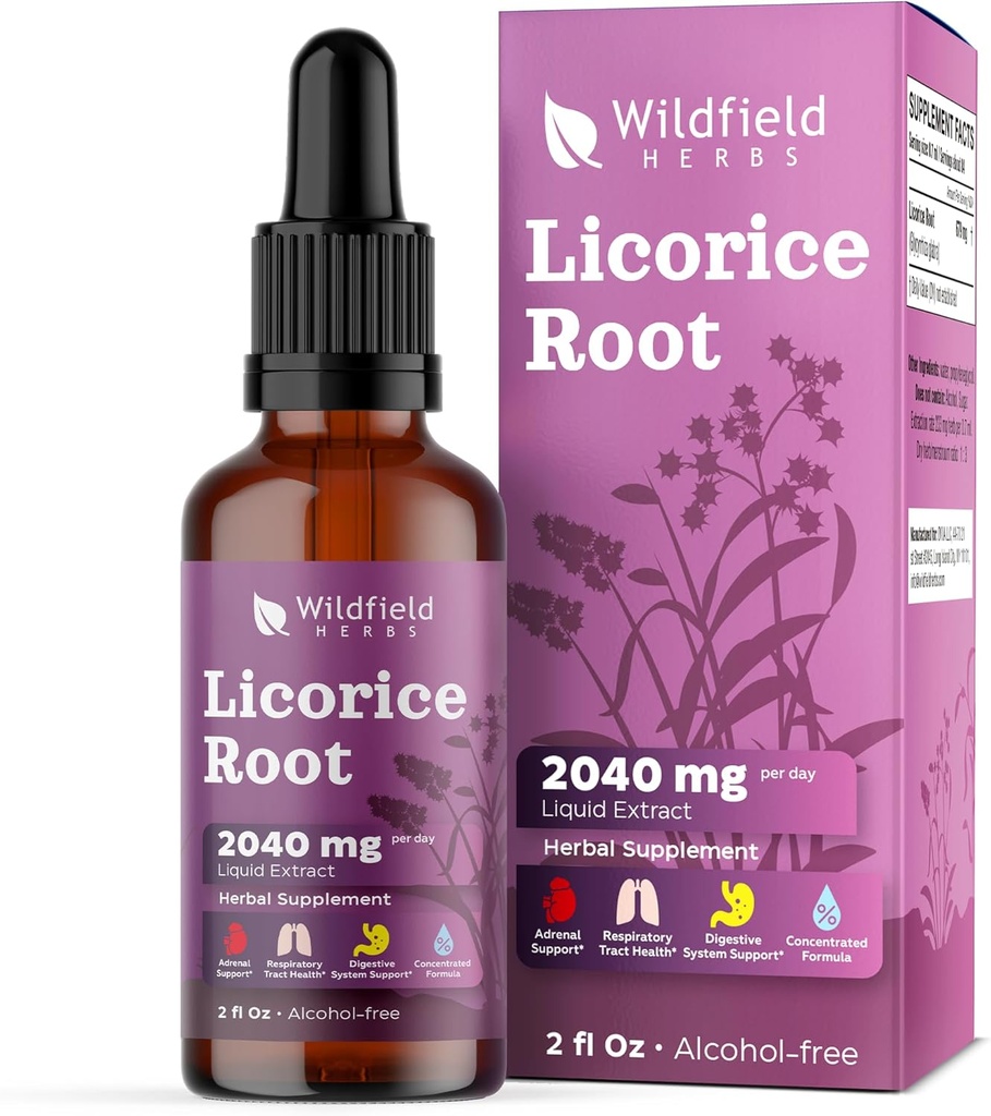 Extrato de raiz de alcaçuz gotas 2000mg (Glycyrrhiza glabra L.) Suplemento de ervas Absorve melhor do que cápsulas, 1 Mês de Fornecimento, 84 Servings, Tintura sem álcool - 2 Oz, pacote de 1