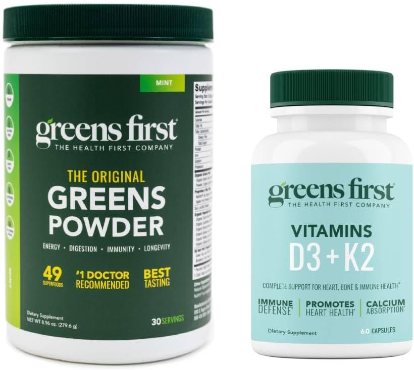 Greens First - Menta - 30 Servings - Greens Powder Superfood, 49 Superfoods, 15+ Frutas e vegetais orgânicos, Dairy Free, Vegan & Non-GMO - 9.86 oz e D3+K2 Vitaminas, 60 Cápsulas Vegetais