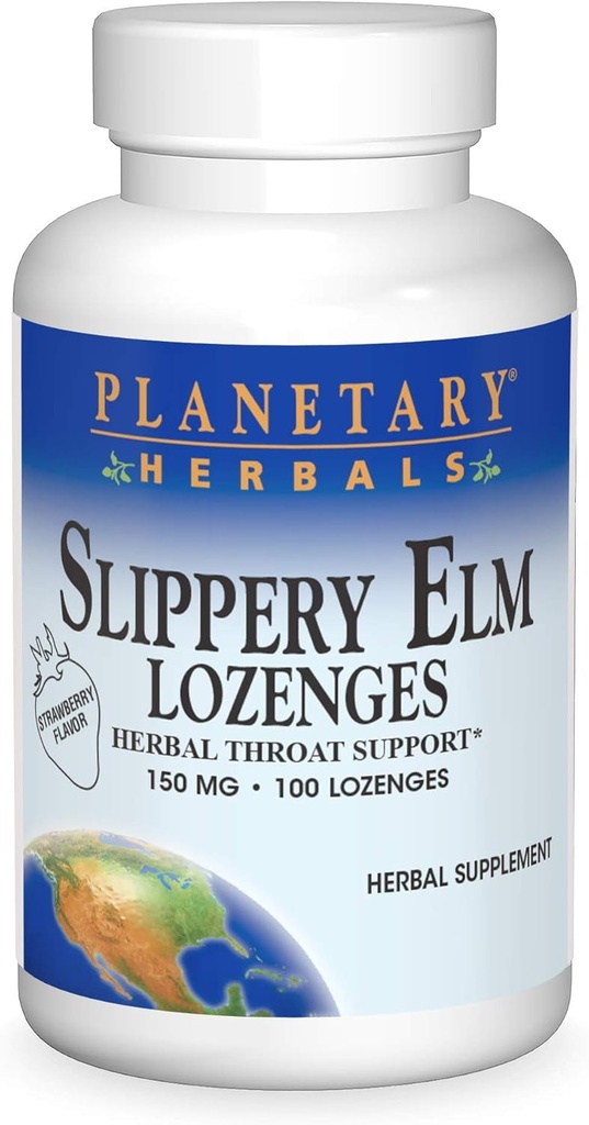 Plantas de ervas planetárias Slippery Elm Morangos Lozenges, Apoio à Garganta de Ervas, 100 Lozenge