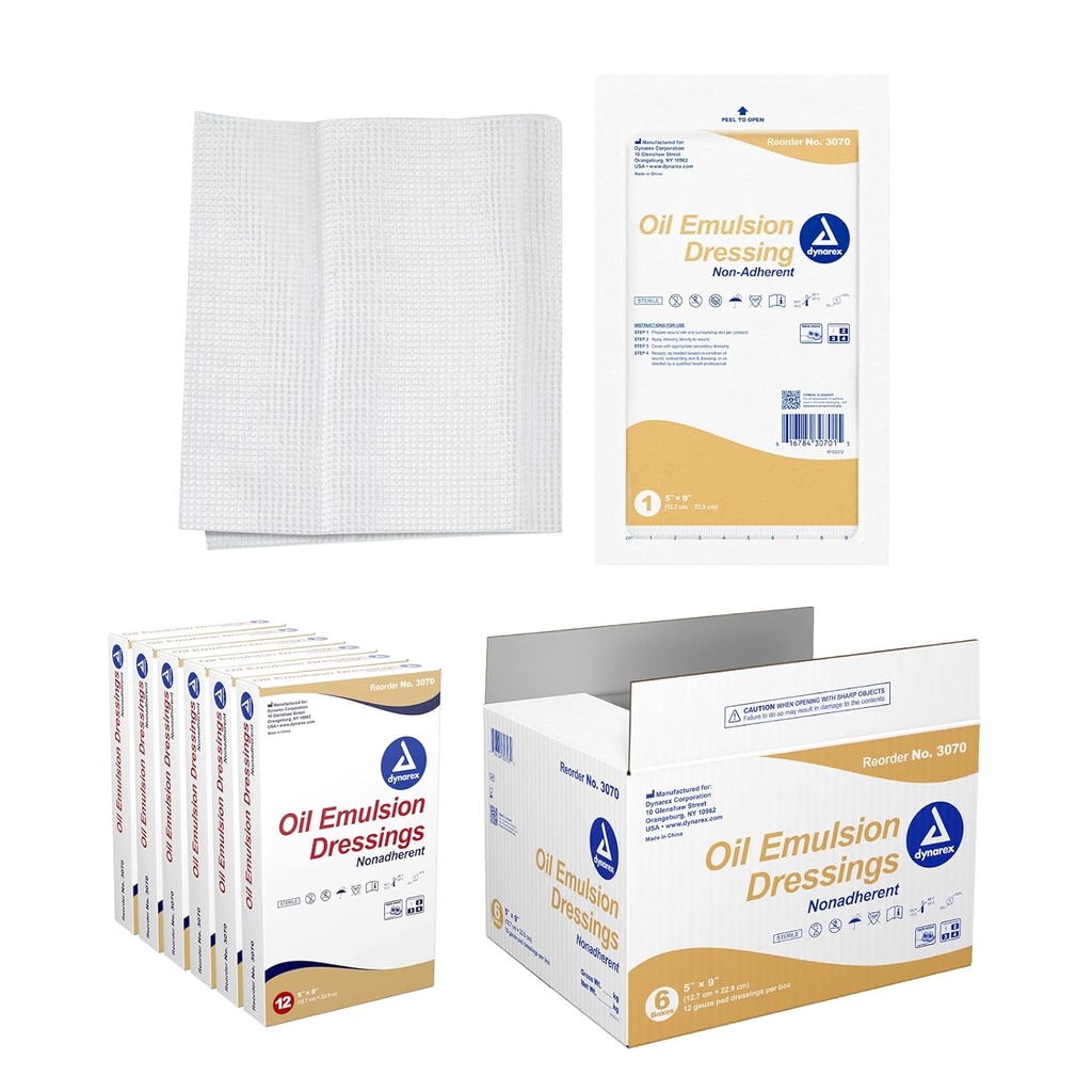 Vestidos de emulsão de óleo Dynarex, Cuidado com Feridas, Absorvente, 5” x 9” Gaze esterilizado Vestido com mistura de emulsão de Petrolatum e óleo de girassol, 6 caixas de 12 curativos de emulsão de óleo