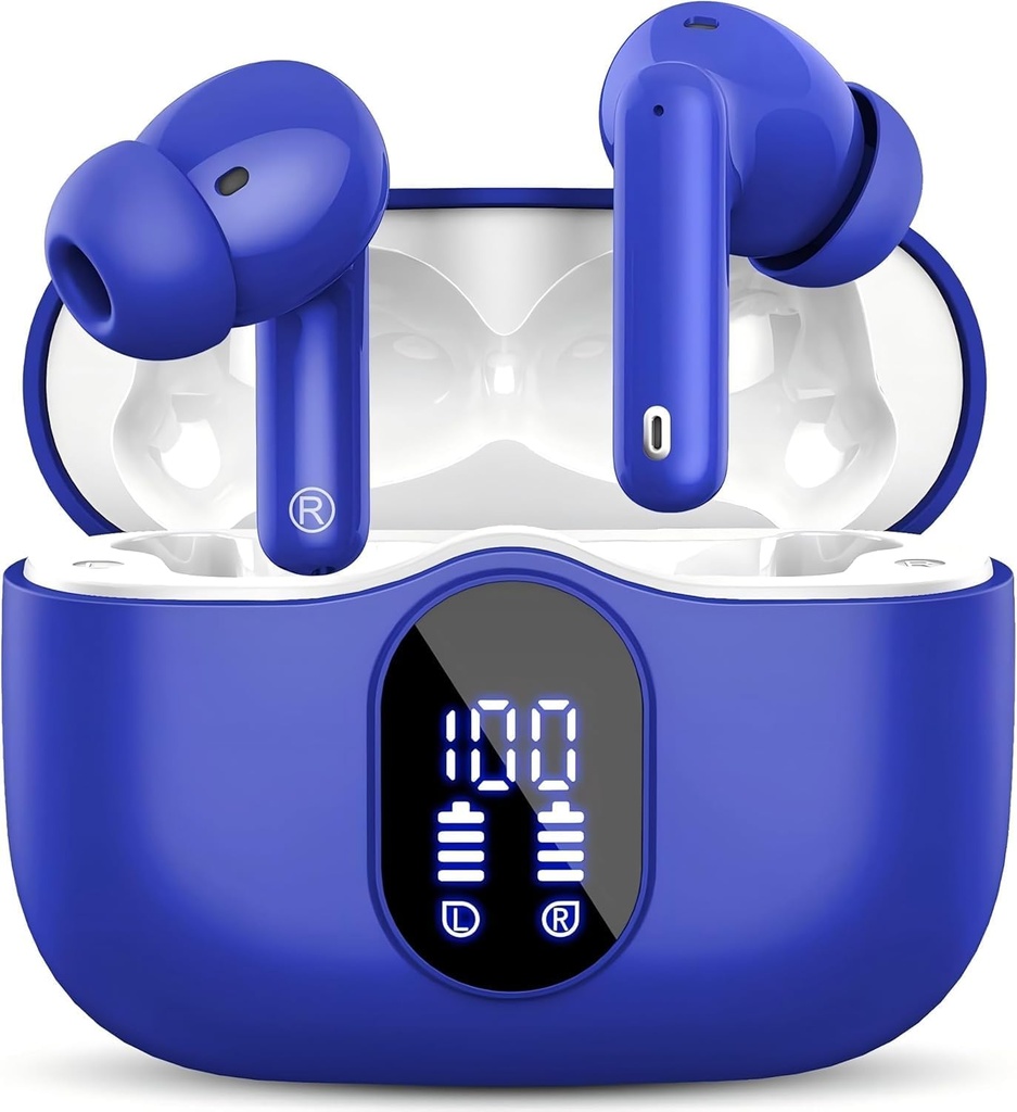 Earbuds sem fio Bluetooth 5.3 Auscultadores Bass Stereo Ear Buds com ruído Cancelar microfone LED Display em fones de ouvido IP7 Impermeável 36H Playtime para telefone portátil Pad Sports Treino Azul