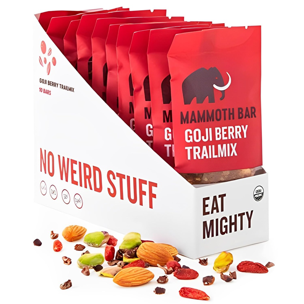 Mammoth Bar Goji Berry Trail Mix - 10 Bares de Proteína Orgânica – Prebiótico • Paleo • Gluten Free • Ovo Protein • GMO Free • Raw • Nozes Premium