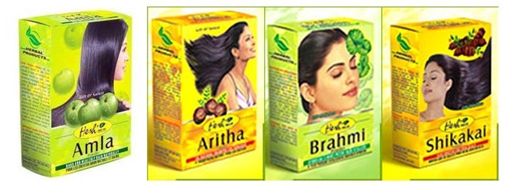 Hesh Herbal Amla pó 100G, Brahmi pó 100G, Shikakai pó 100G, Aritha pó 100G - 1 completo pacote de combinação de cuidados de cabelo