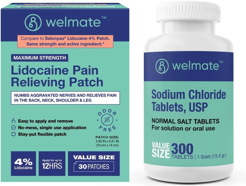 Pacote de recuperação WELMATE: comprimidos de cloreto de sódio, 300ct + 4% Lidocaína Numbing Patch 30 ct