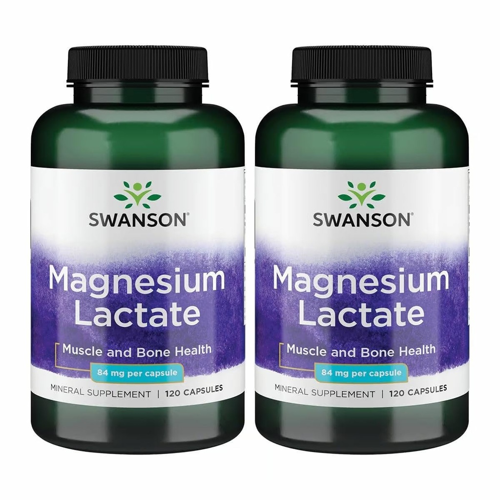 Lactato de Magnésio de Swanson - Suplemento Mineral Promovendo Apoio à Saúde Muscular e Óssea - Forma Mineral de Lactato Livre de Lactose para Absorção Gentil - (120 Cápsulas, 84mg Cada) 2 Embalagem