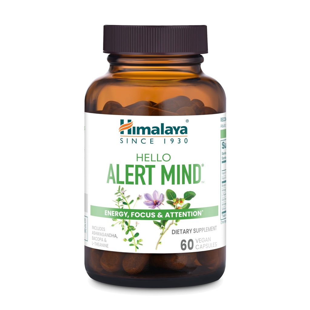 Himalaya Olá alerta mente com L-Theanina, Ashwagandha, Bacopa, Vitamina B6 & B12, para energia, Foco e atenção, Vegan, Glúten grátis, 60 Cápsulas