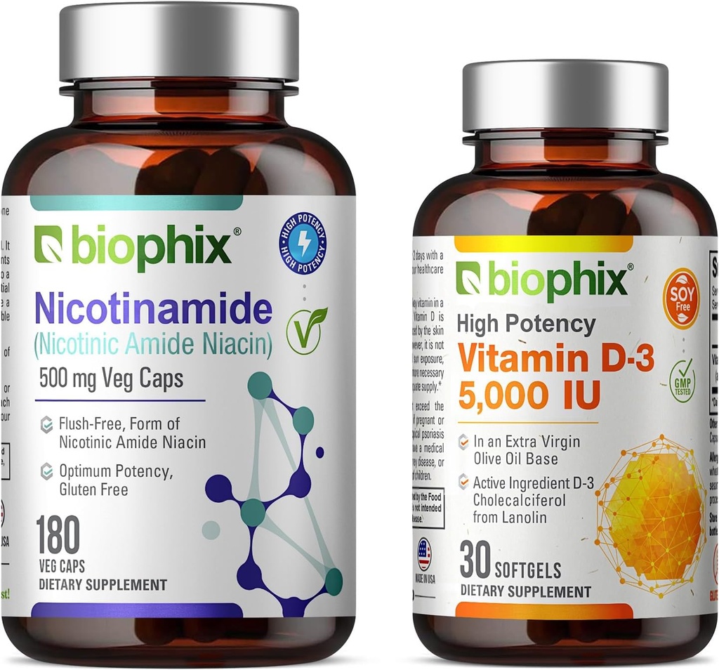 biophix B-3 Nicotinamida 500 mg 180 Vcaps Plus Vitamina D-3 5000 UI 30 Softgels - Nictin Amide Niacin Natural Flush-Free Vitamina Fórmula - Suporta a saúde celular da pele