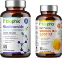 biophix B-3 Nicotinamida 500 mg 180 Vcaps Plus Vitamina D-3 5000 UI 30 Softgels - Nictin Amide Niacin Natural Flush-Free Vitamina Fórmula - Suporta a saúde celular da pele