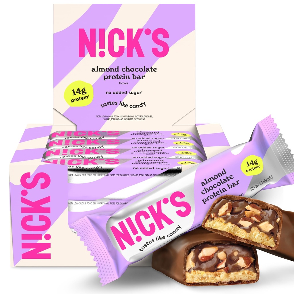 Nick's Protein Bares Chocolate (Alta proteína ) Baixas calorias (Baixas de carboidratos Keto Friendly Snacks Sem açúcar adicionado (Multipack 12 barras x 50g) (12 Count (Pack of 1), Chocolate de Amêndoa)