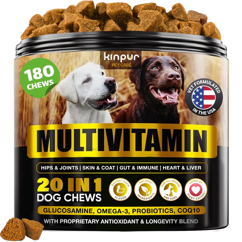 20-em-1 Dog Multivitamin Suplementos - Imunidade, Digestão, Conjunta e Apoio à Saúde do Coração - Vitaminas naturais do cão com Biotina, Msm, Cranberry, Glucosamina para cães - 180 Mastigações