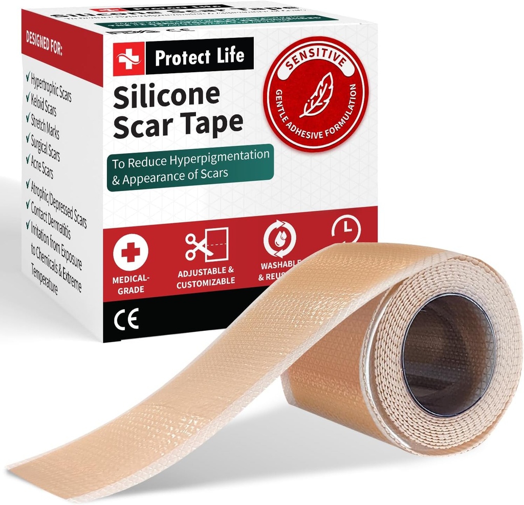 Proteger a vida Silicon Scar Sheets 1.6" x 118" Roll-3M - Fita de cicatriz de grau médico para remoção Keloid Bump - Reutilizável Fita de Silicone Scar Removal Strips, Patches para cicatrizes cirúrgicas, C Seção