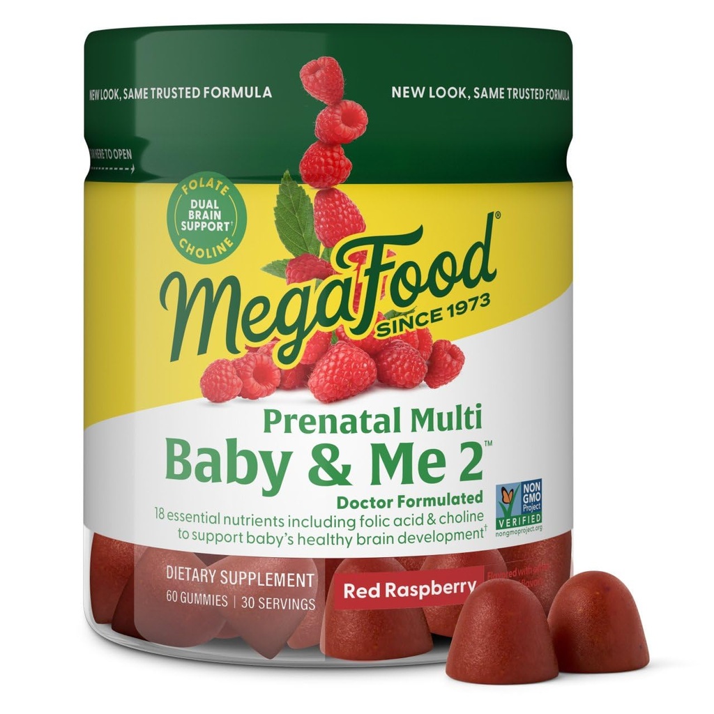 MegaFood Baby & Me 2 Vitaminas pré-natais para mulheres Gummies com ácido fólico e cholina para o desenvolvimento do cérebro do bebê; Além de fruta real- sabor de framboesa vermelha - 60 Gummies (30 Servings)