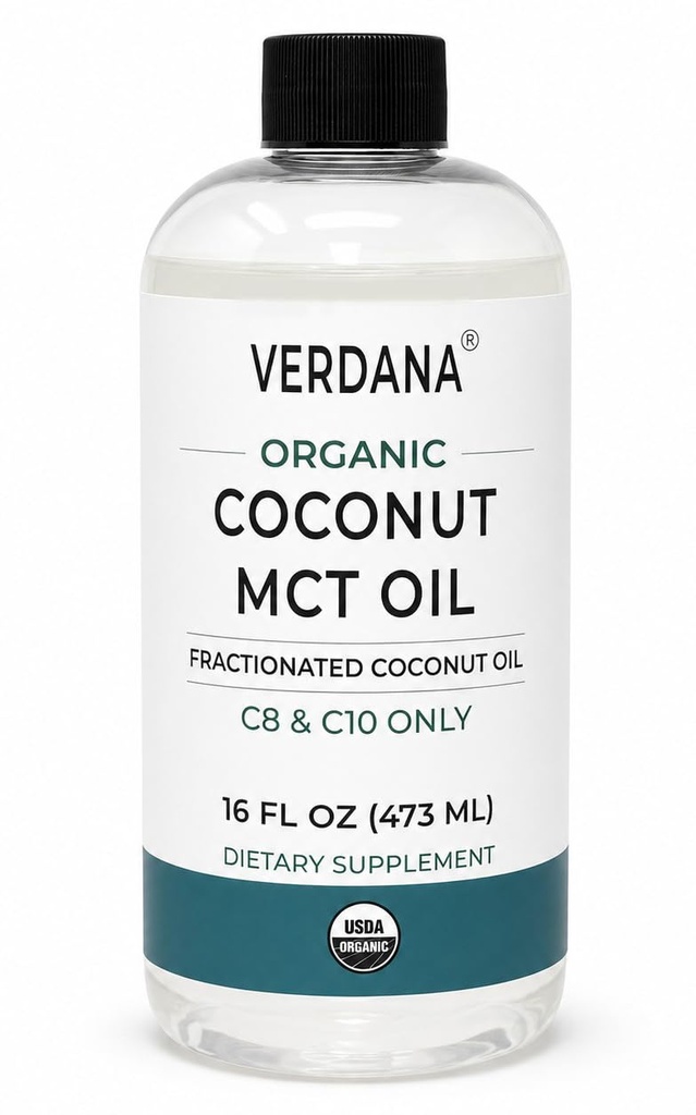 Óleo orgânico de MCT de Verdana 16 onças – Classe alimentar USDA Orgânico para Keto Café, Óleo natural não aromatizado Pulling Mouthwash & Massagem - Coconut Derived, Fracionado – Cadeia média C8 C10 – Não-GMO, Kosher