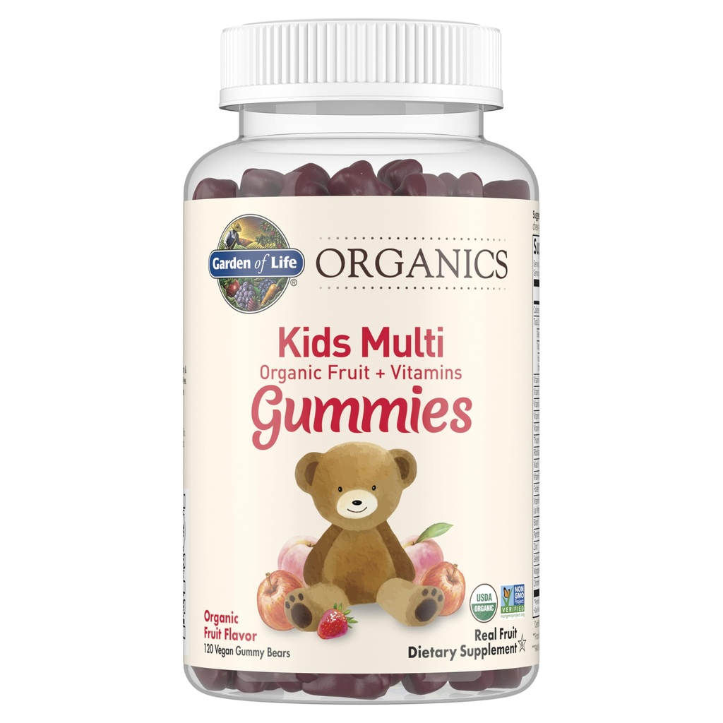 Jardim da vida Orgânicos Kids Gummy Vitaminas - Fruta - Certified Organic, Non-GMO & Vegan Complete Children's Multi - B12, C & D3 - Gluten, Soy & Dairy Free, 120 chicletes de fruta real