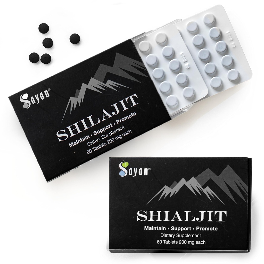 Sayan 100% Puro Shilajit Tablets, 24,000mg Suplemento de alta potência, mais eficaz do que resina e cápsulas, 85+ Trace Minerals Fonte de 10.000ft Lab-Testes para Pureza. 120 comprimidos, 2-4 meses de fornecimento