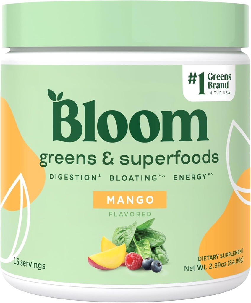 Bloom Nutrition Superfood Greens Powder, Enzimas Digestivas w/Probióticos & Prebióticos, Gut Health, Bloating Alief for Women, Chlorela, 15 SVG (15 Servings (Pacote de 1), Mango)