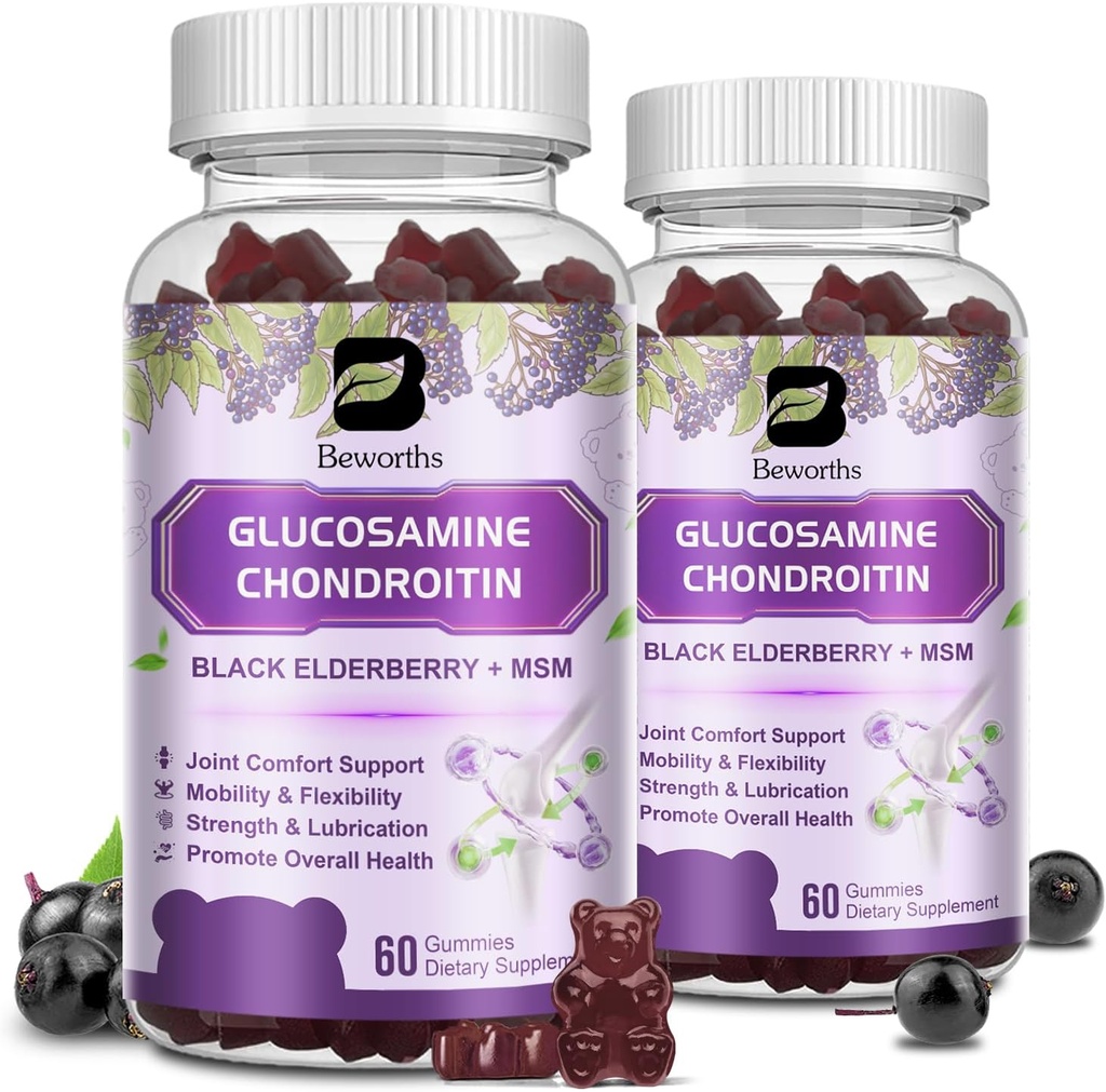 (2 Pack) Glucosamina Condroitin Gummies, suplemento de suporte conjunto de força extra com HSH & Elderberry para mobilidade e flexibilidade, Suporte antioxidante para homens e mulheres, 120 Gummies