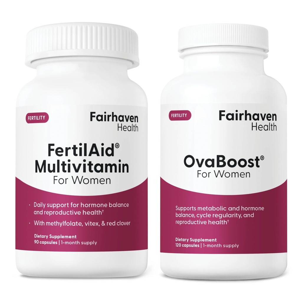 FertilAid para Mulheres & Ovaboost Combo, Suplemento de Fertilidade Feminina e Fertilidade Natural Vitamina com Myo-Inositol, Vitex & Vitaminas para apoiar ovulação, regularidade do ciclo e qualidade do ovo, 1 mês de fornecimento