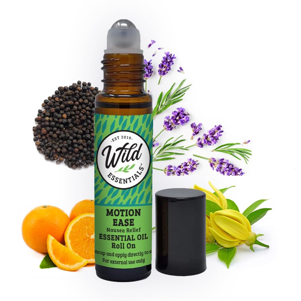 Wild Essentials Motion Faase Essential Oil Roll On, 10ml Motion Sickness, Náusea, Estômago irritado, Vertigo, Dizzy, Seasick, Carsick, Feito com óleo orgânico Jojoba, Pronto para Uso, Hidratante, Todos naturais