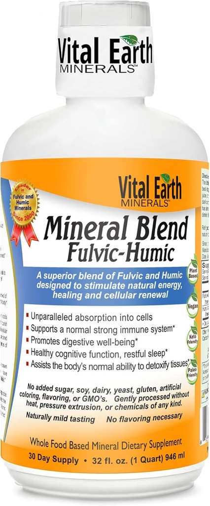 Minerais da Terra Vital Fulvic Húmico Minerais Mistura Líquido – Suplemento de Ácido Fulvico com 70+ Minerais Trace, Eletrólitos para Recuperação, Equilíbrio & Energia, 32 Oz + 1 Oz Cup