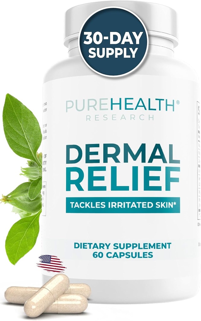 PUREHEALTH INVESTIGAÇÃO Suplementos Dermal Alívio - para pele irritada, Eczema e Dermatite com L-Histidina, Ashwagandha Root Extract, Rhodiola Crenulata, Vitamina D e E - 1 Frasco - 60 Cápsulas