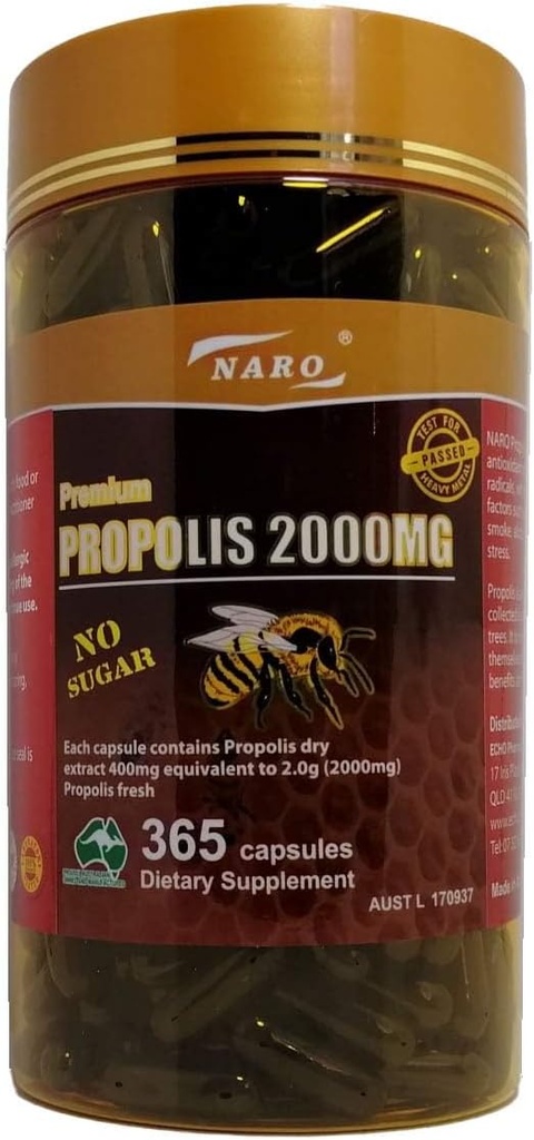 Naro Bee Propolis Extract 2000mg Premium Eucalyptus Dark 365 Cápsulas Australianas