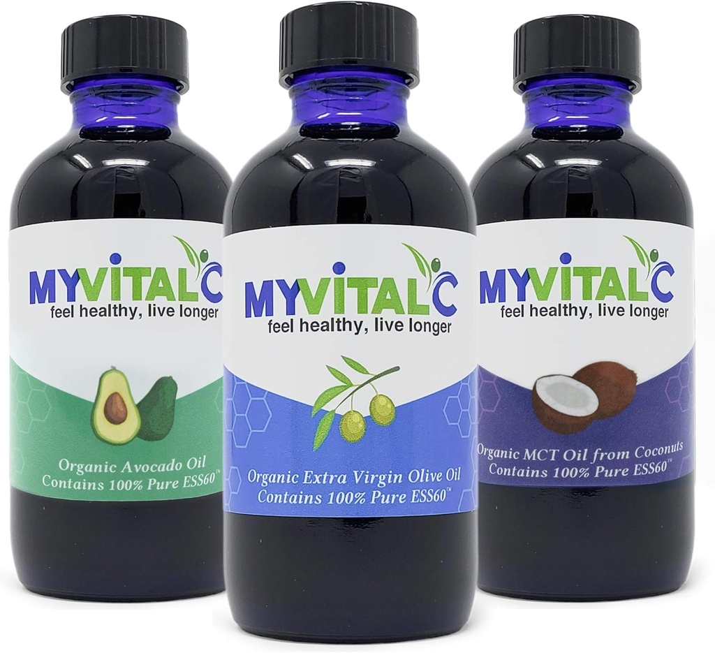 MyVitalC Combo de Olive Azeite Extra Virgem Orgânica, MCT & Óleo de Abacate - ESS60 Suplemento Antioxidante - para Antienvelhecimento, Longevidade, Sono, Energia - Pacote de 3