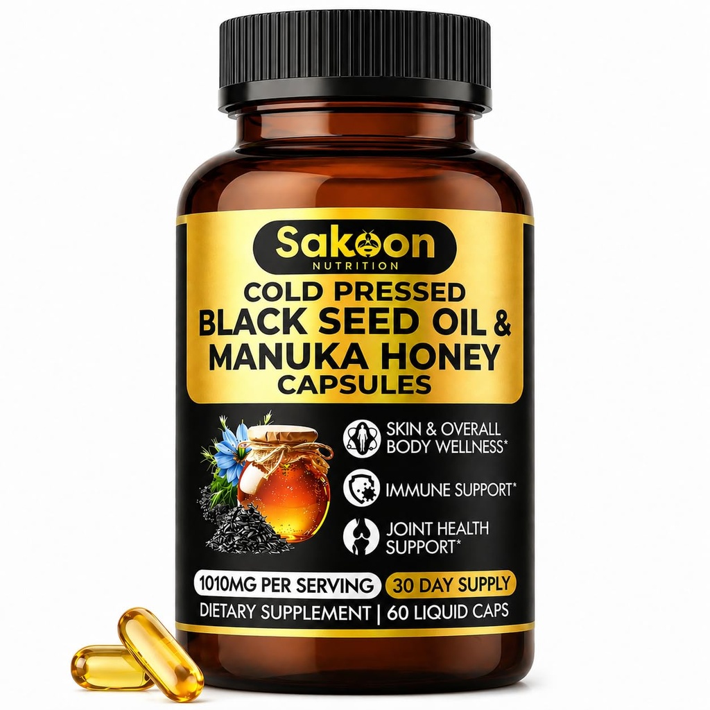 Cápsulas de óleo de semente preta - com mel Manuka da Nova Zelândia, óleo frio prensado turco Nigella Sativa, 2% de timoquinona, imuno e suporte digestivo, Made in USA, 60 Count, 1010mg por serviço