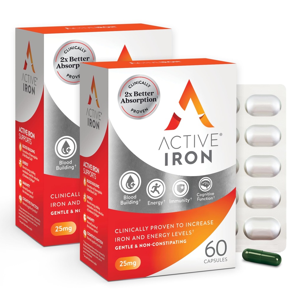 Suplemento de ferro ativo 25mg – clinicamente comprovado para aumentar os níveis de ferro e energia – suave, não constipante, altamente absorvido – 120 cápsulas