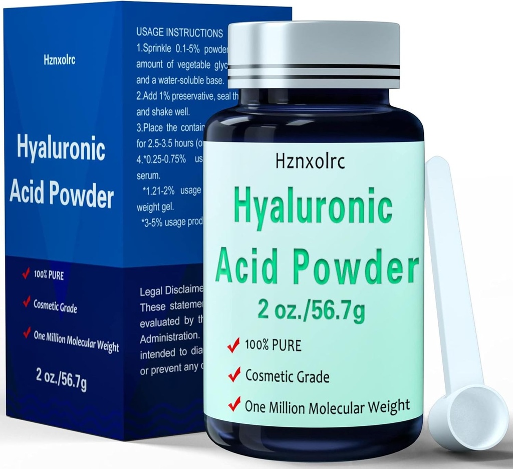 Pó de ácido hialurônico de 2 onças, 56.7 gramas, alto peso molecular, 100% puro, Premium pó de ácido hialurônico para cuidados com a pele, Vegan, Solúvel água