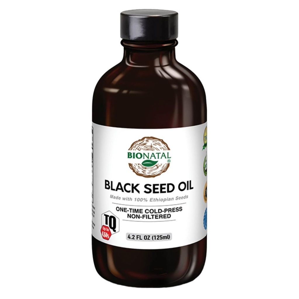 BioNatal Ethiopia Black Seed Oil 4,2 oz Vidro – Frio Pressionado Nigella Sativa Produção de Black Cumin Seed Oil, não refinado e não filtrado, alto TQ Até 4,64% – Suporta Sistema Imune, Digestão e Juntas
