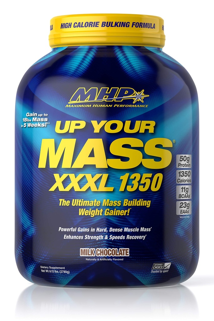 Máximo desempenho humano MHP UYM XXXL 1350 Mass Building Weight Gainer, ganhos de massa muscular, w/50g de proteína, alta calorias, 11g BCAAs, leucina, chocolate de leite, 8 Servings