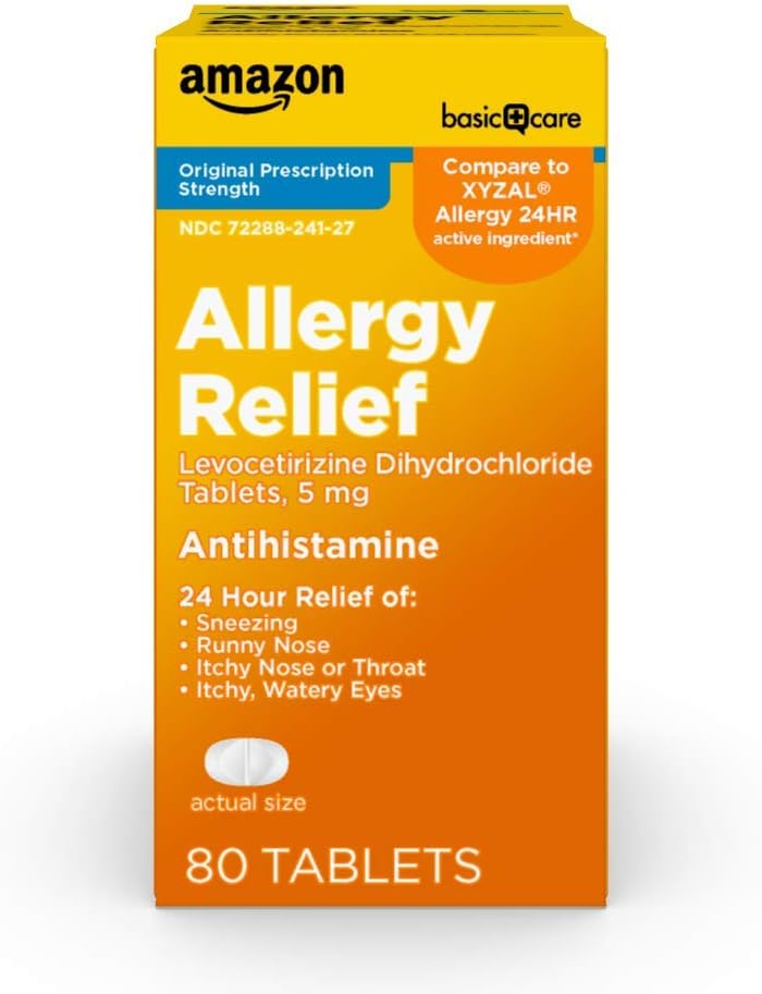 Cuidados Básicos Alergia 24 horas Alívio, Comprimidos de dicloridrato de levocetirizina, 5 mg de anti-histamínico para espirros, Nariz Runny, Nariz Comichão ou Garganta e Itchy, Olhos Aguados, 80 Count Pack