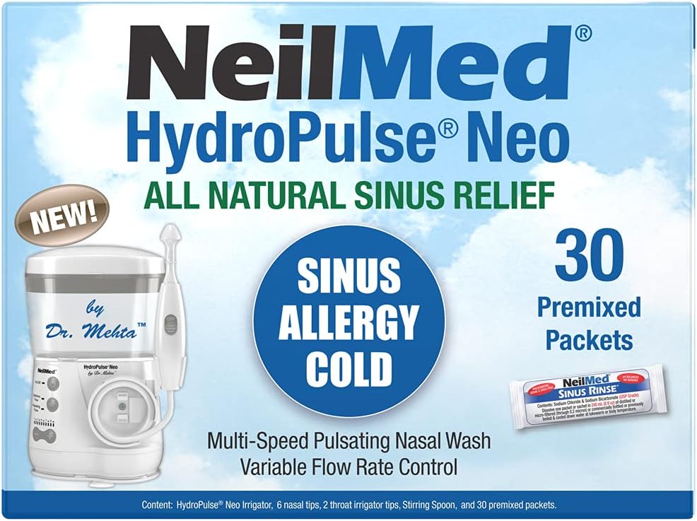 NeilMed HydroPulse Neo. Sistema de Irrigação Nasal Sinus Pulsante Elétrica Multi-Speed com 30 pacotes pré-misturados Sinus Rinse.