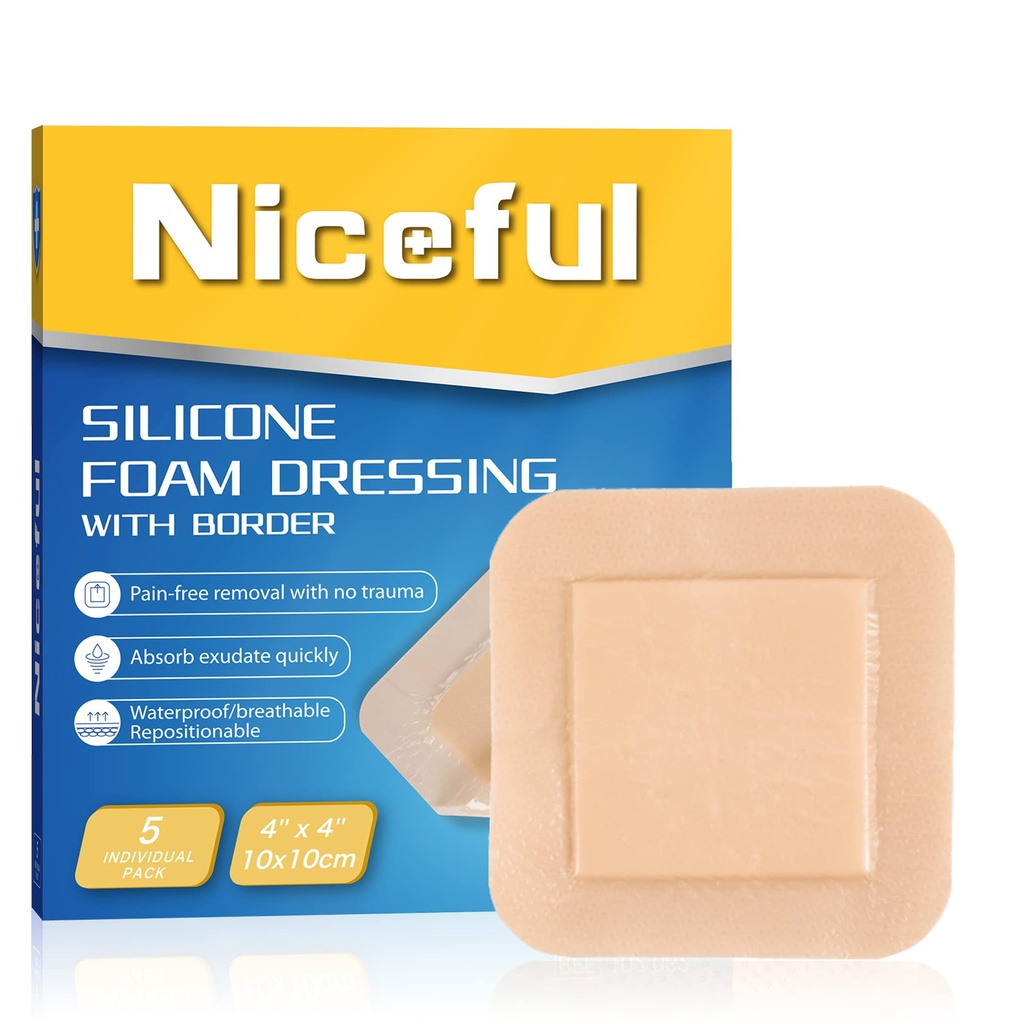 Vestido de espuma de silicone 4"x4", Bandagens de silicone à prova d'água com adesivo de borda, leito de alta absorbência bandagens feridas curativos (2,5 "X2.5" Pad), 5 embalagens, FSA HSA elegíveis