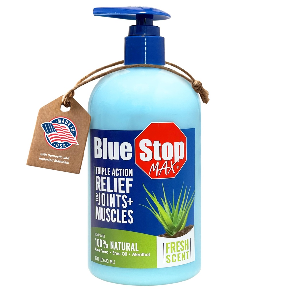 Blue Stop Max Massage Gel para Body Aches, 16 oz garrafa de bomba; 3 em 1 produto alivia dores do corpo, suporta articulações e nutre a pele
