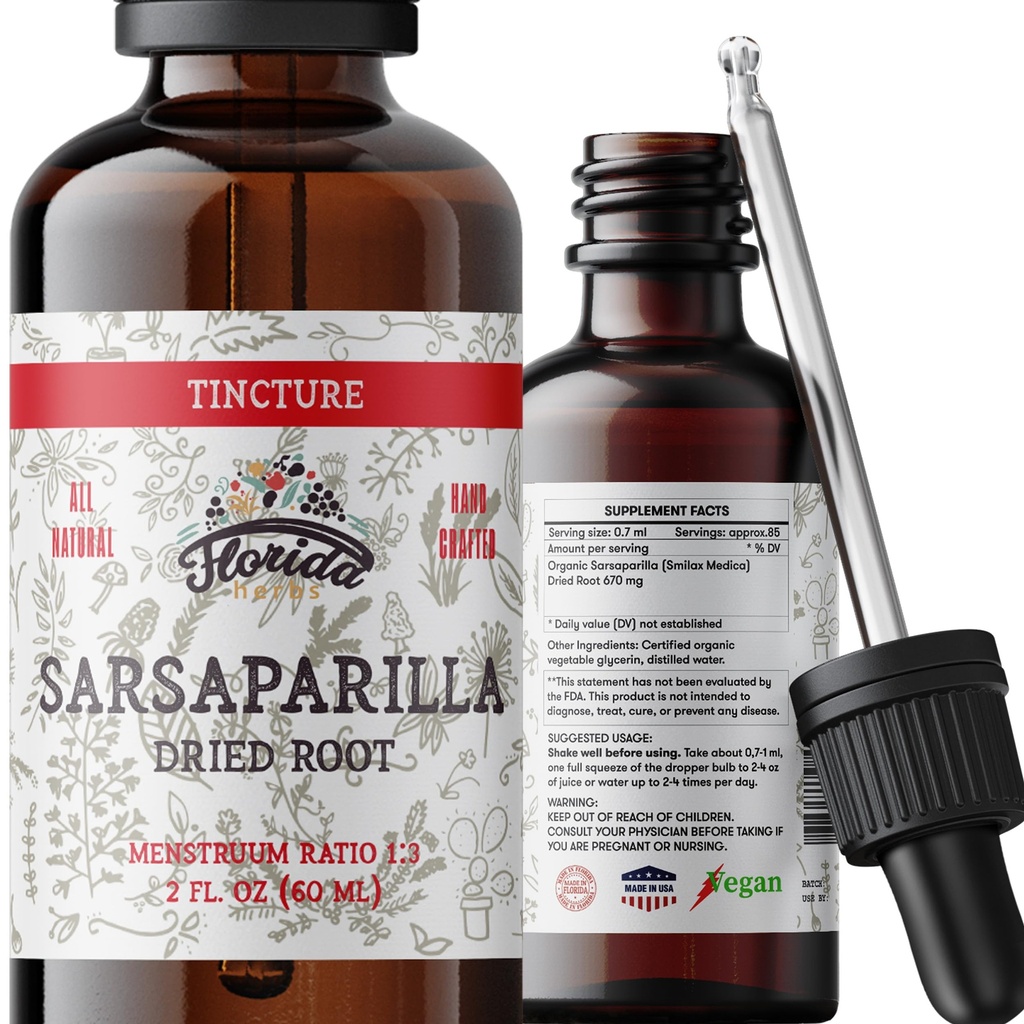 Tintura de Sarsaparilla, Extrato Orgânico de Sarsaparilla (Smilax Medica) Raíz seca, não-GMO em Glicerina Orgânica Orgânica Pressionada a Frio 2 onças, 670 mg