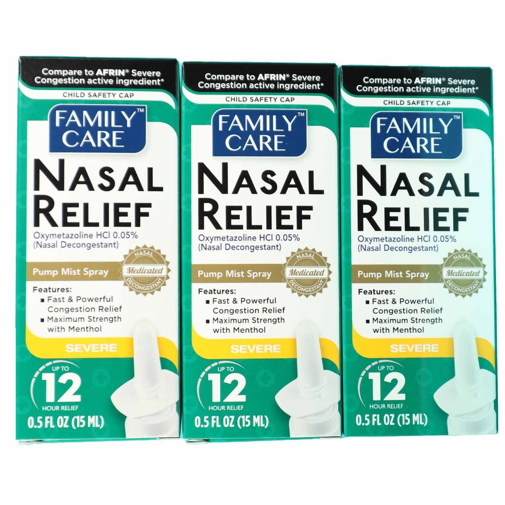 FamilyCare Pulverizador de alívio nasal, Humidade da bomba, Anti-gota, Congestão grave, (Oximetazolina HCI) 12 horas, 3 embalagens