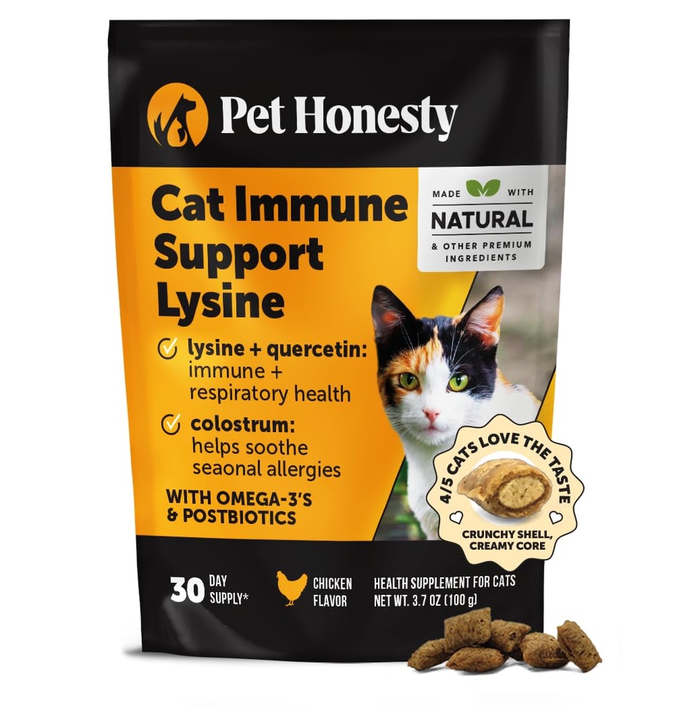 Cat Imune Support Lysine – Alergia Relief & Imune Health Supplement for Cats with L-Lysine, Colostrum, Quercetin & Omega-3 – Acalma espirrando, Runny Nose & Itchy Skin Chicken, (30 dias de fornecimento)