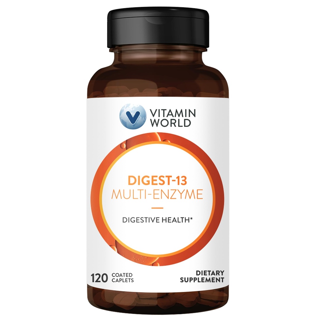 Vitamina World Digest-13 Multi-Enzima, 1010mg Enzimas Digestivas Misturar com Amylase, Bromelaína, Papaína e Lipase para Digestão e Absorção, Enzimas Digestivas para Bloating & Gás, 120 Caplets