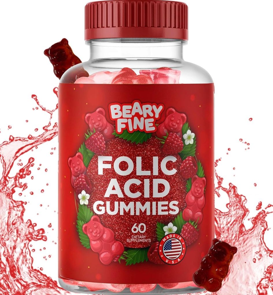 Pastilhas de ácido fólico 400mcg - Gummy essencial pré-natal e gravidez para mulheres, mães e bebê para ser - 60 Vitaminas folato sabor framboesa folato - Made in the USA