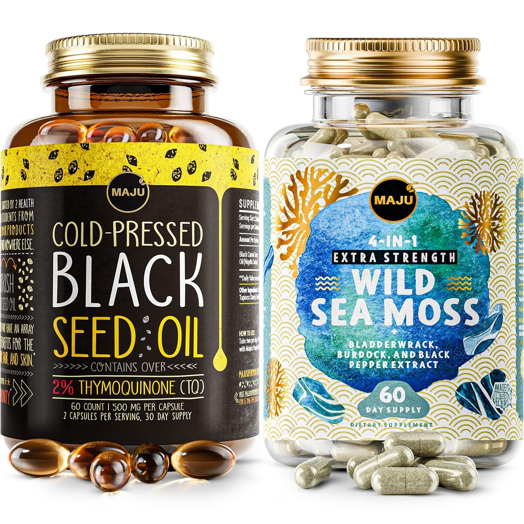 Maju Superfoods 4-em-1 Sea Moss Cápsulas e Black Seed Oil Cápsulas Bundle