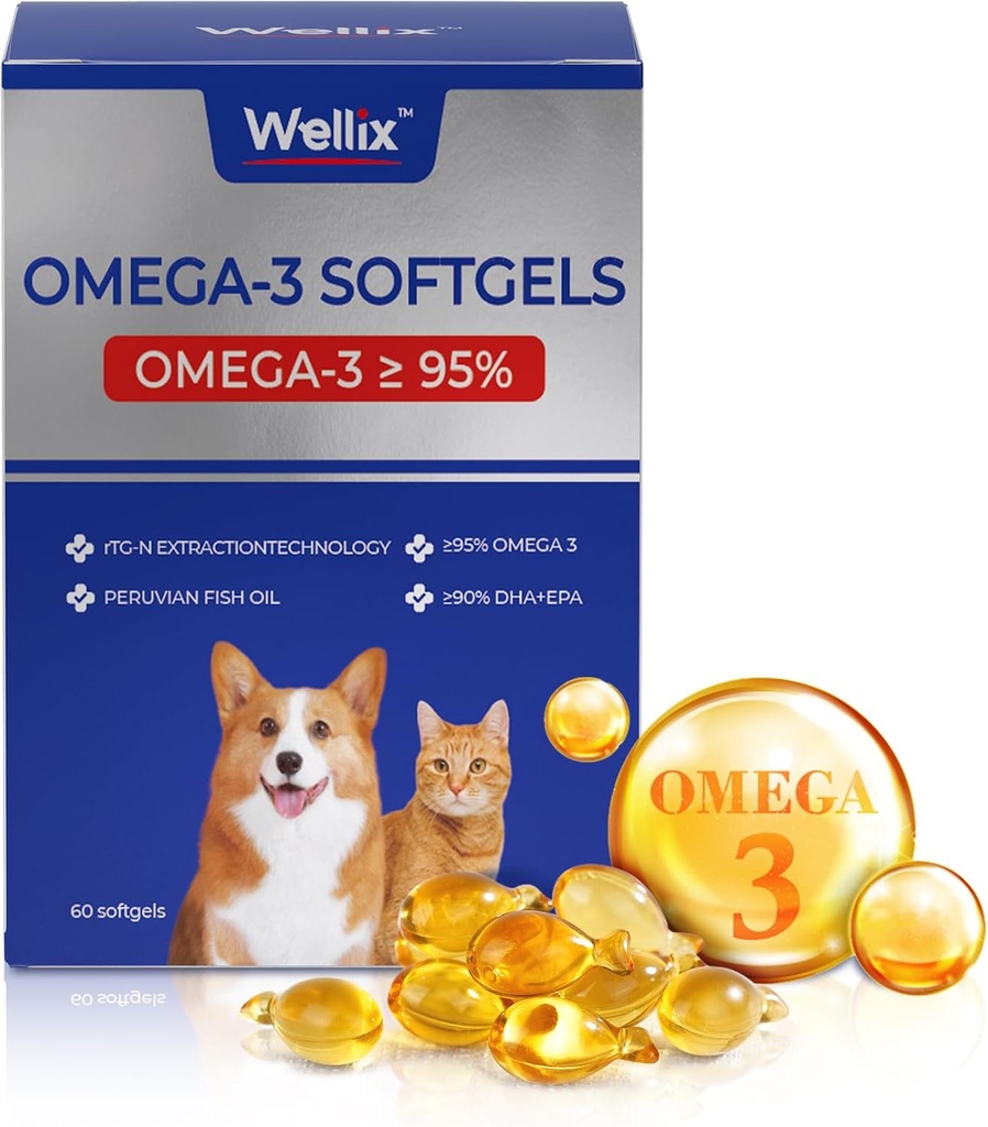 Wellix Puro Omega 3 óleo de peixe para cães e gatos, pele e casaco suplemento para derramamento, promove coração, pele, casaco, conjunto, & saúde imune, mais de 95% Omega 3, rico em EPA + DHA, 60 Softgels