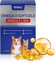 Wellix Puro Omega 3 óleo de peixe para cães e gatos, pele e casaco suplemento para derramamento, promove coração, pele, casaco, conjunto, & saúde imune, mais de 95% Omega 3, rico em EPA + DHA, 60 Softgels