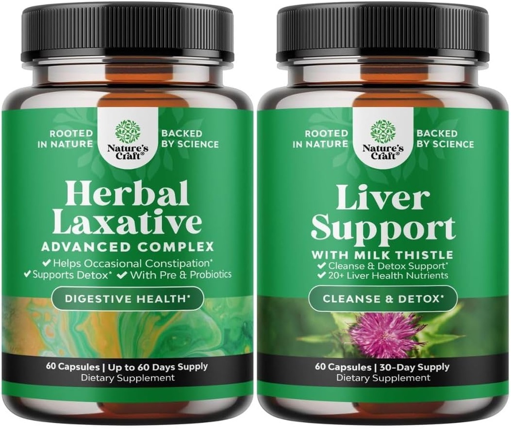 Pacote de Cápsulas de Laxante de Ervas com Probióticos e Líquido Suplemento de suporte de fígado - Natural Colon Detox Digestive Support System - Suplemento de fígado de ervas com leite de silimarina