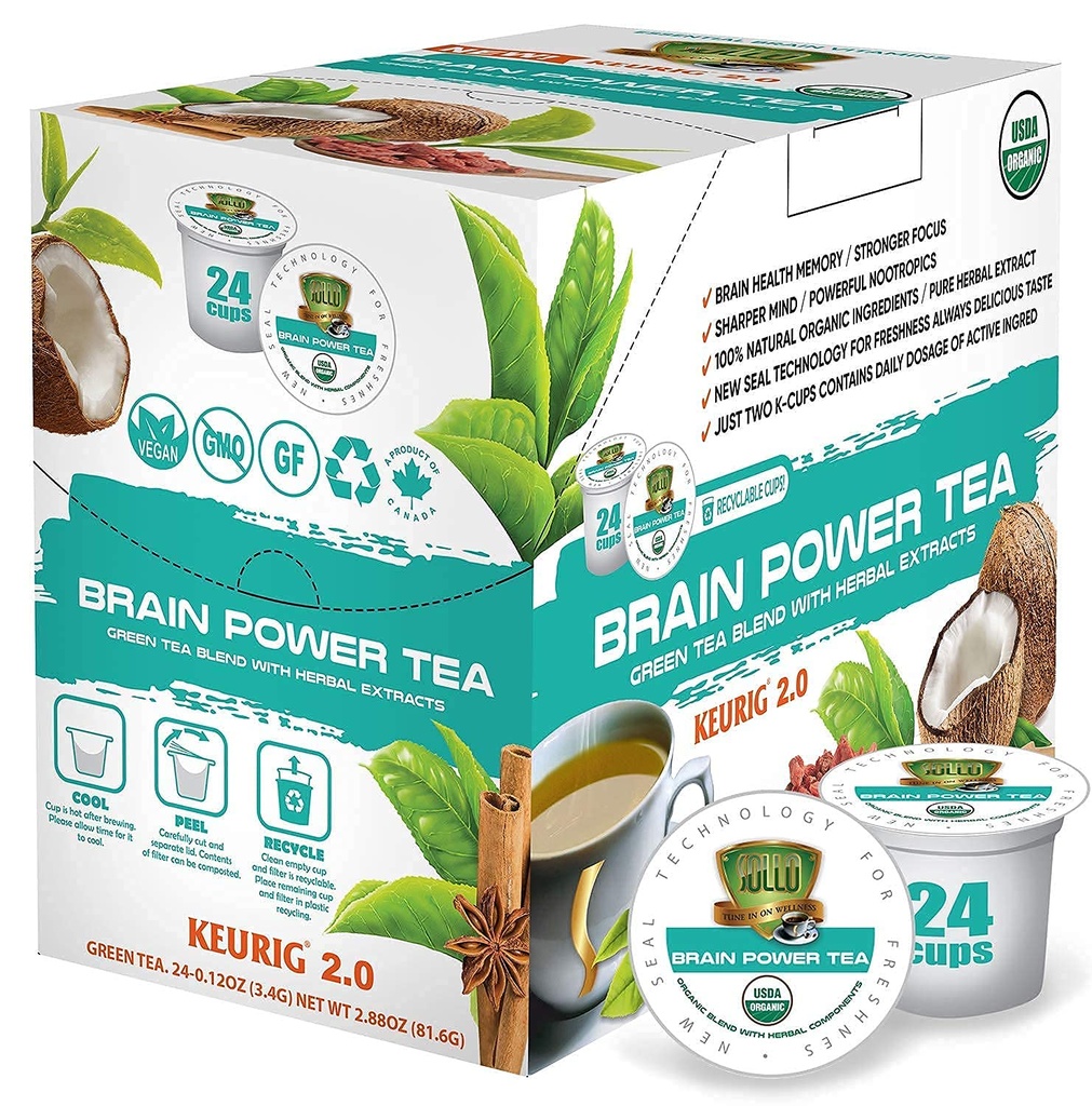 SOLLO Brain Power Organic Green Tea Pods with MCT, Acai & Essential nutrition, Nootropic Brain Booster- melhora a memória e foco compatível com 2.0 K-Cup Keurig Brewers, 24 Ct