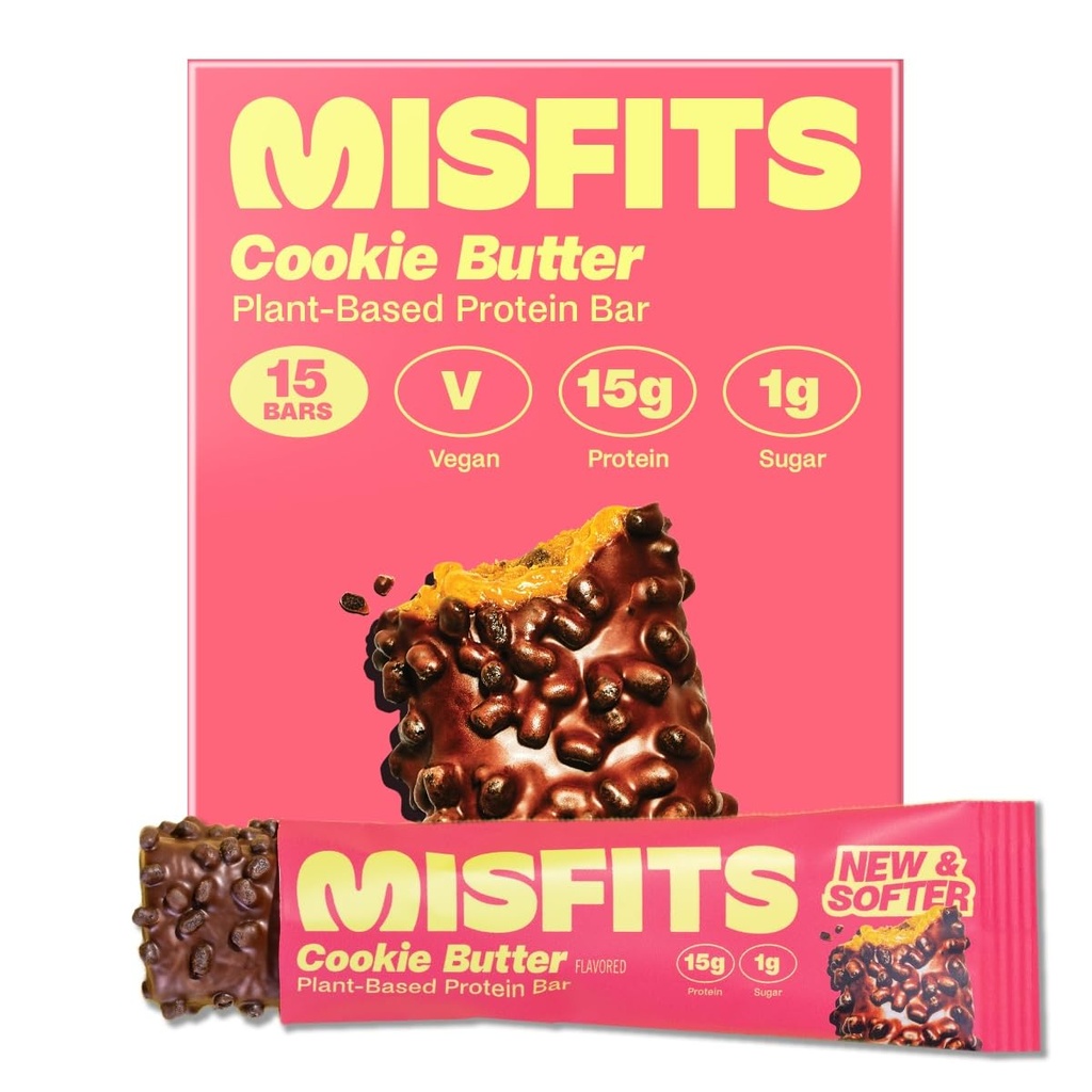 Misfits Vegan Protein Bars, Cookie Butter - Updated Recipe - Planta com base, Baixo açúcar & carboidrato, Snacks de alta fibra de 15